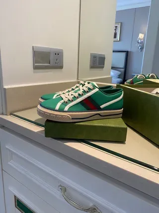 Gucci Tennis 1977 Zapatillas de lona verdes con rayas web estilo de vida 6