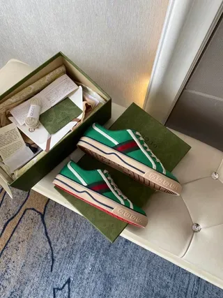 Gucci Tennis 1977 Zapatillas de lona verdes con rayas web estilo de vida 8