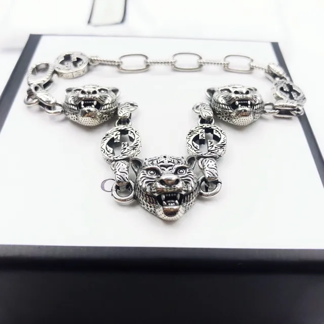 Gucci Tiger Head Bracelet Silver Mixed-Link Chain Bracelet 2