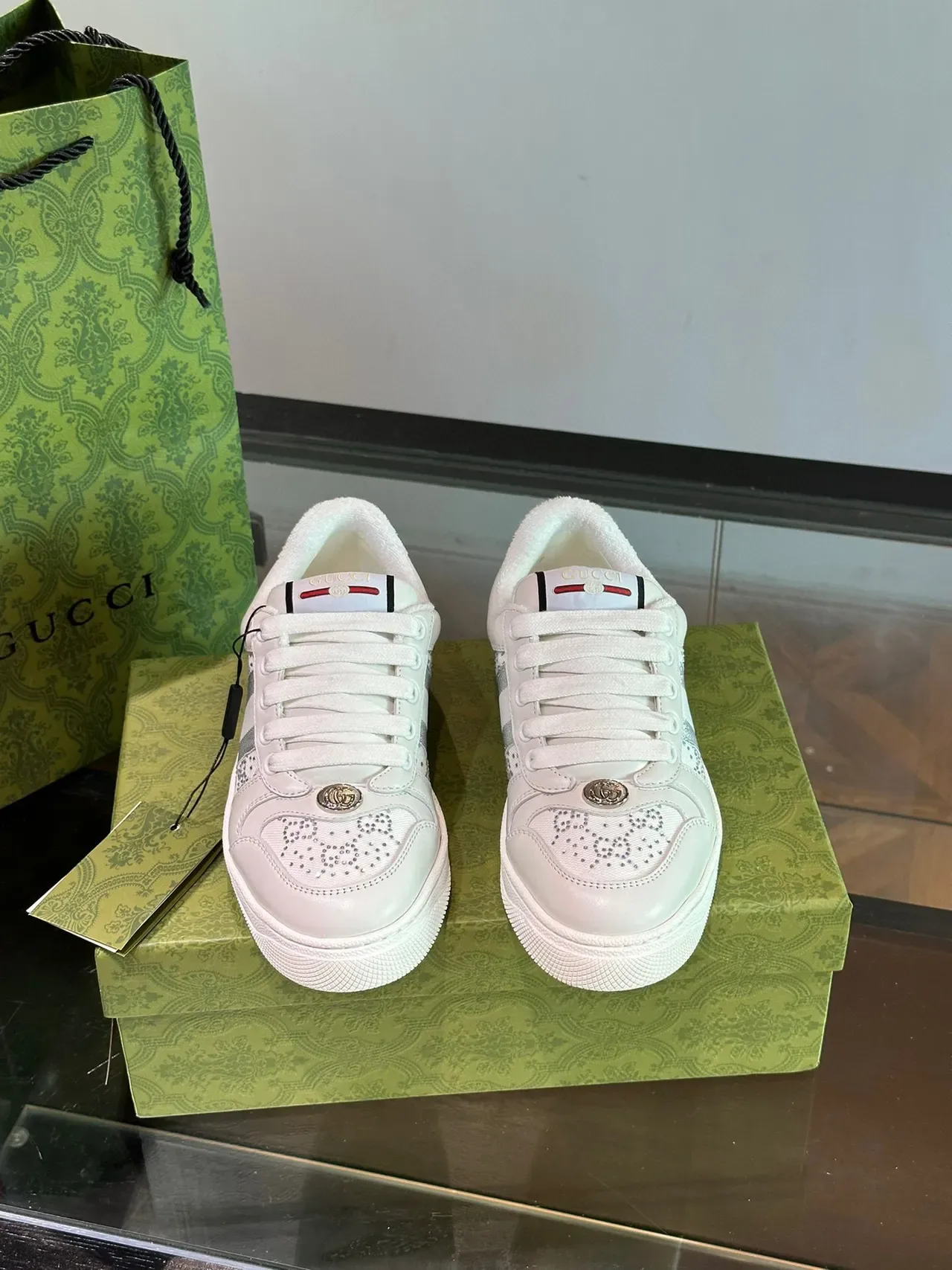 Gucci White Crystal-Studded Metallic Stripe Lifestyle Sneakers 2