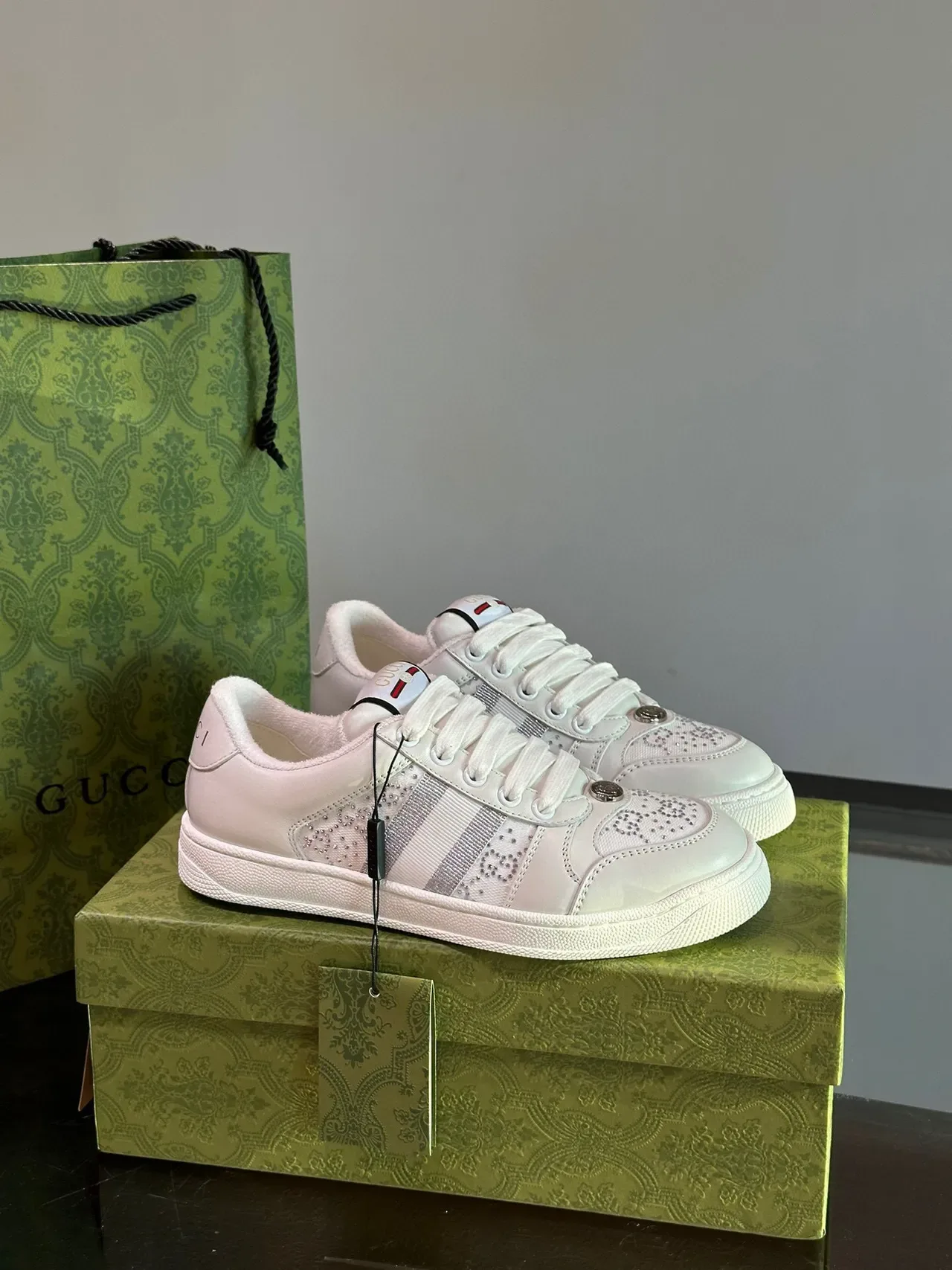 Gucci White Crystal-Studded Metallic Stripe Lifestyle Sneakers 3