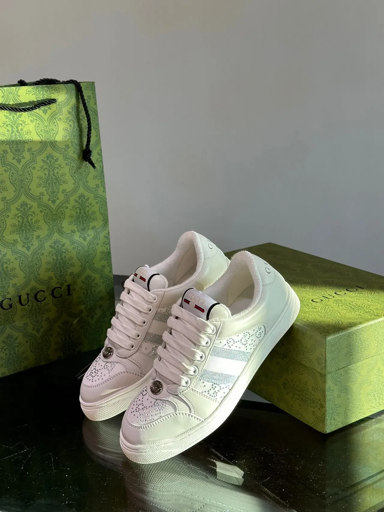 Gucci White Crystal-Studded Metallic Stripe Lifestyle Sneakers 4