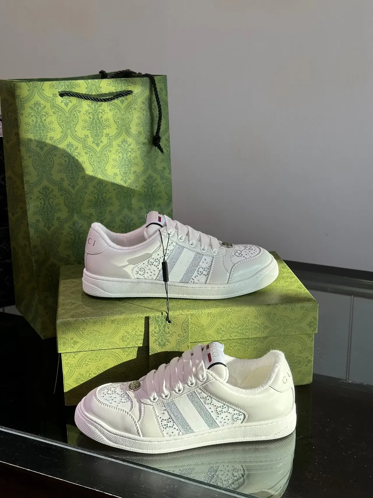 Gucci White Crystal-Studded Metallic Stripe Lifestyle Sneakers 5