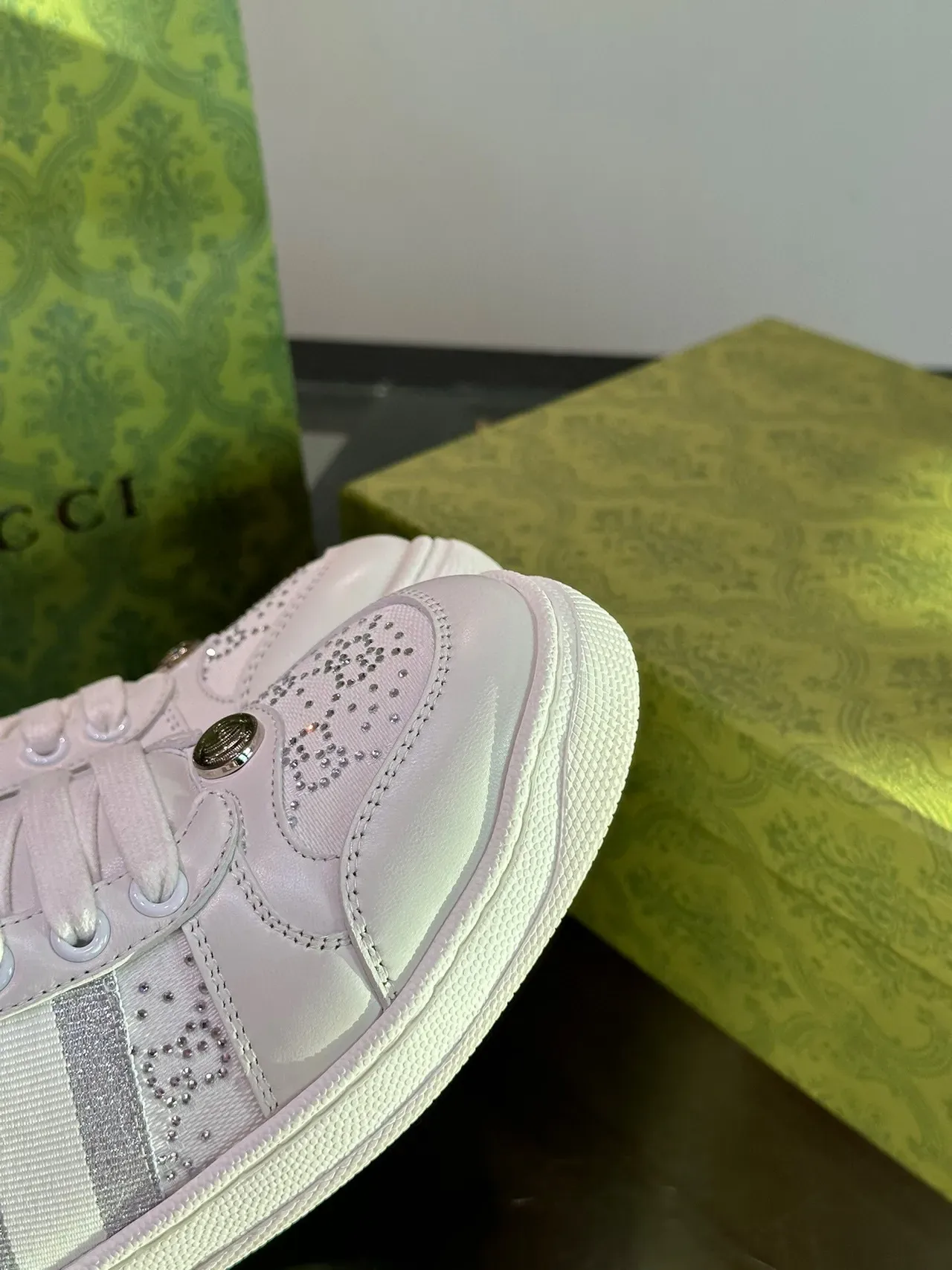 Gucci White Crystal-Studded Metallic Stripe Lifestyle Sneakers 8