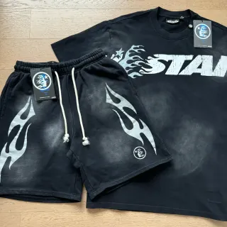 Hellstar Black White Flame-Print Washed Fabric Tracksuit