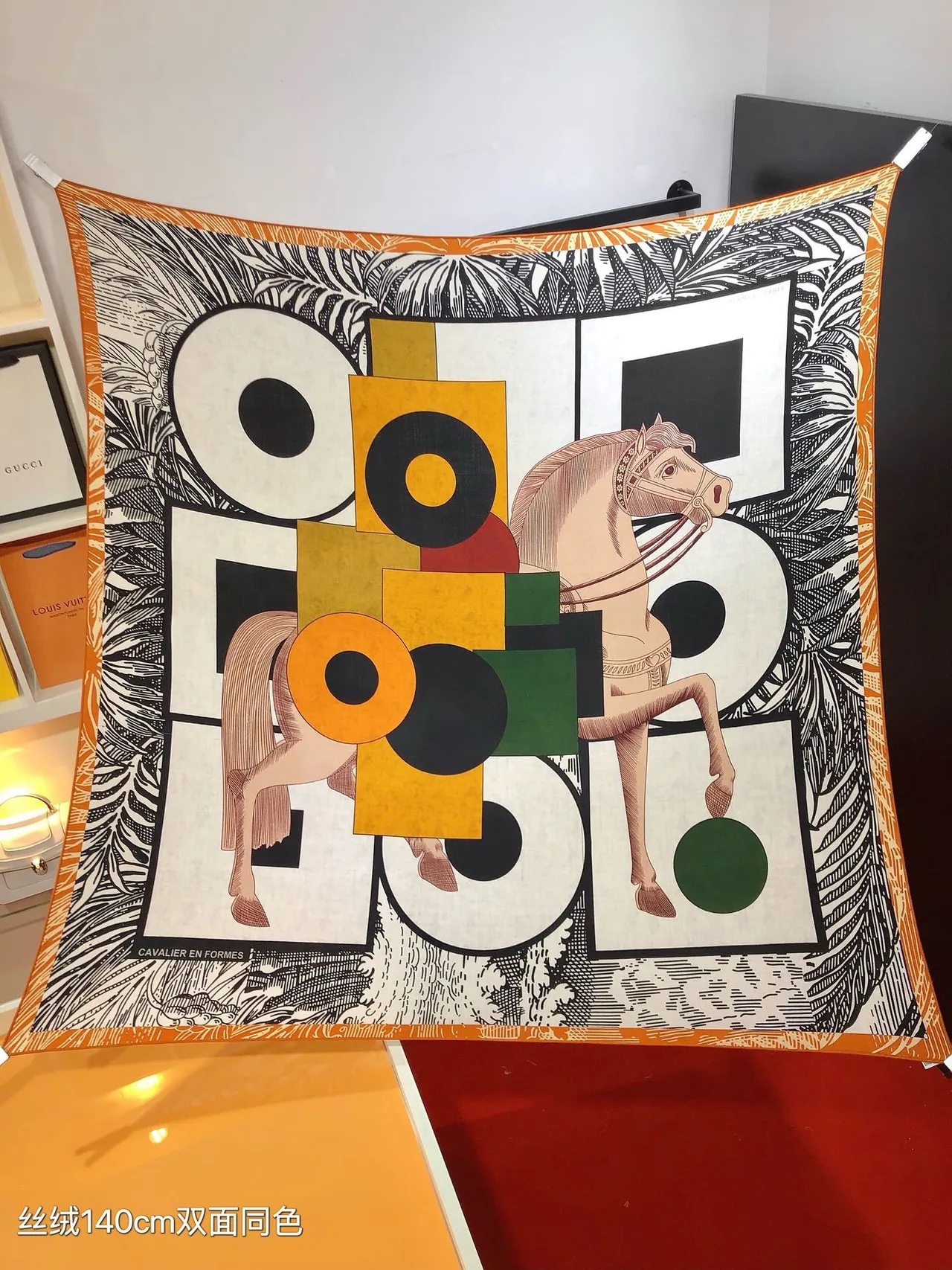 Hermès Abstract Graphic Print Orange White Black Green Silk Scarf 5