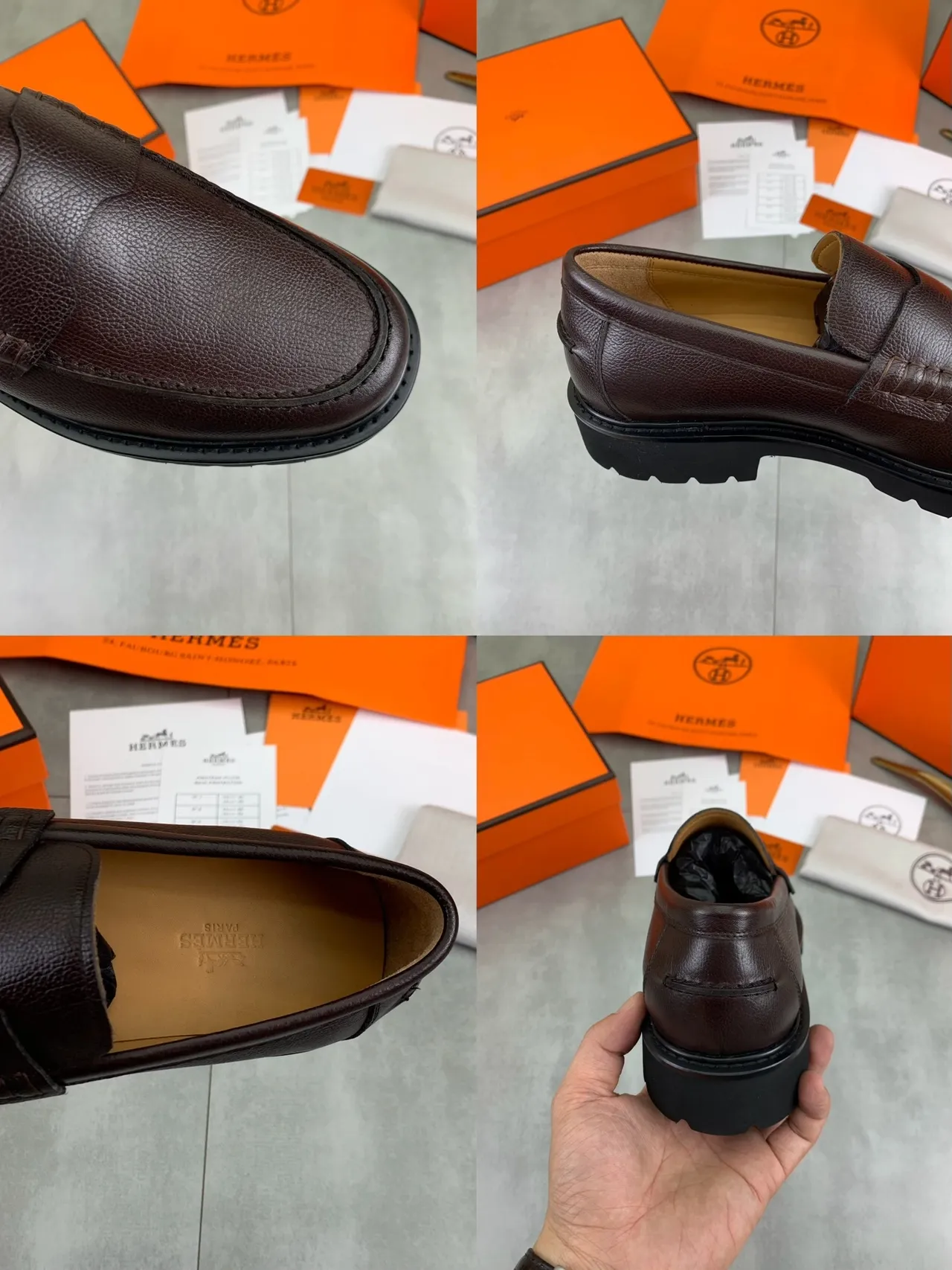 Hermès Marrón Negro Cuero Granulado Correa Penny Loafer 3