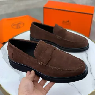 Hermès 棕黑麂皮鞋面 便士乐福鞋