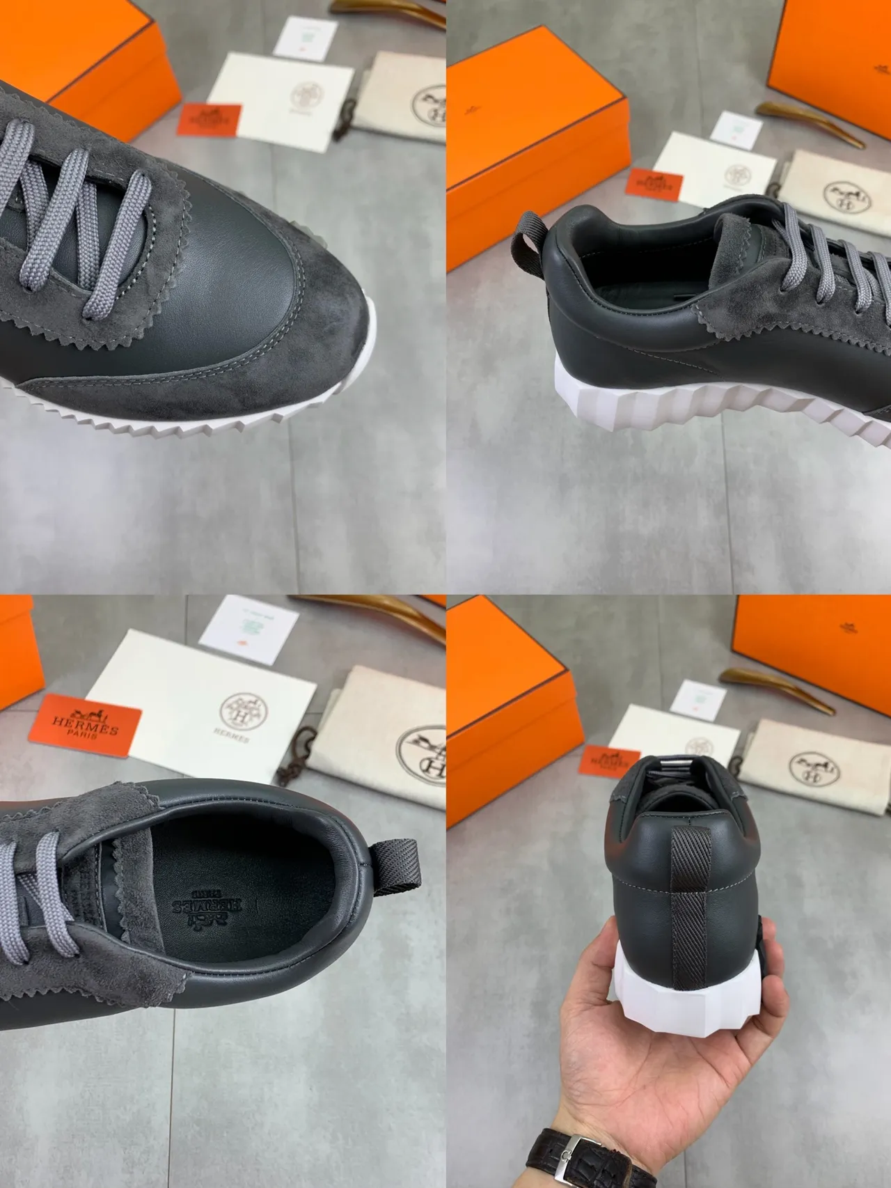 Hermès Gray White Dual-Material Leather-Suede Upper Zigzag-Stitched Overlay Lifestyle Sneakers 2