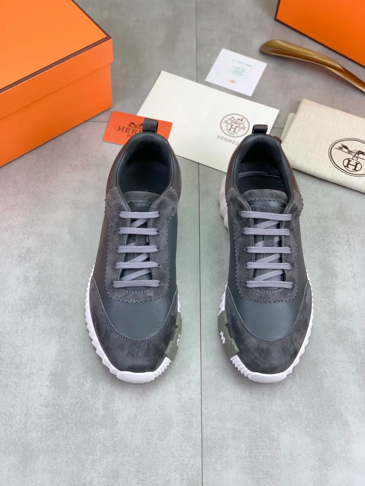 Hermès Gray White Dual-Material Leather-Suede Upper Zigzag-Stitched Overlay Lifestyle Sneakers 4