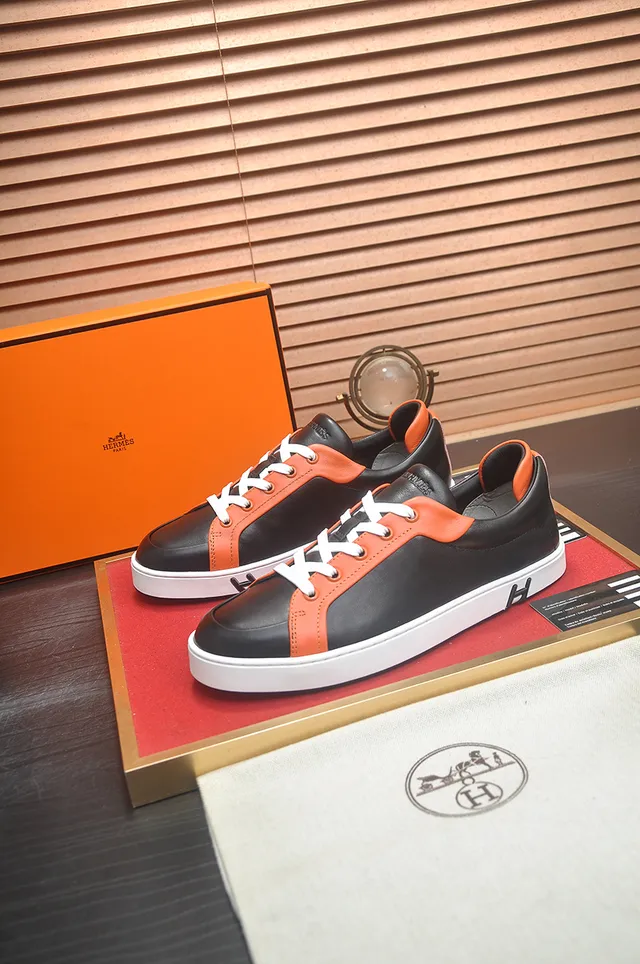 Hermès H-Logo Sneaker Preto Laranja Couro Estilo de vida Tênis 4