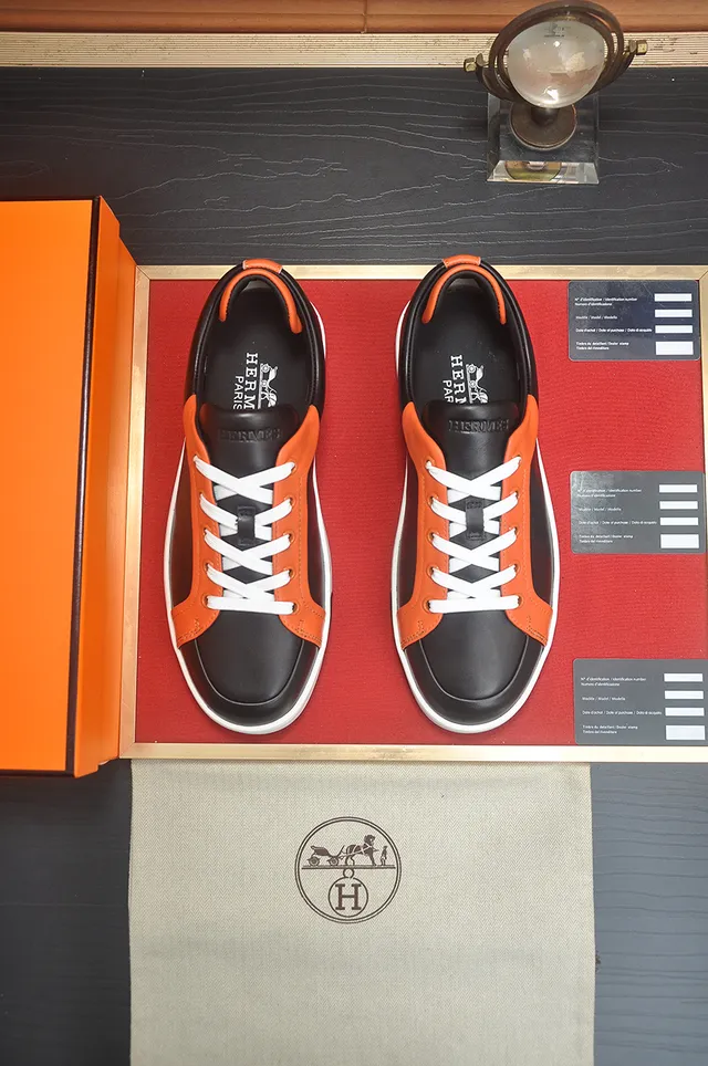 Hermès H-Logo Sneaker Preto Laranja Couro Estilo de vida Tênis 5