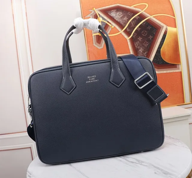 Hermès Herbag Navy Blue Structured Pebbled Leather Briefcase Handbag 2