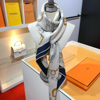 Hermès Les Éléments Beige Navy Equestrian Motif Print Border Silk Scarf