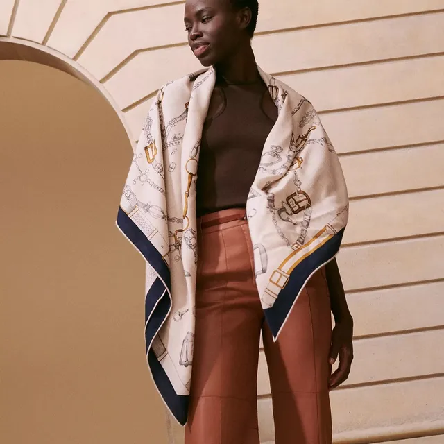 Hermès Les Éléments भूरा नेवी घुड़सवार मोटिफ प्रिंट बॉर्डर रेशम स्कार्फ 3