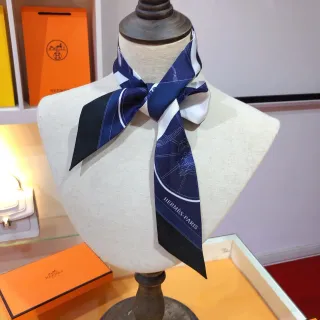 Hermès Foulard en Soie avec Texte Imprimé en Bleu Marine, Blanc et Bleu