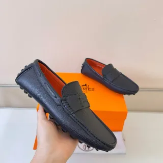 Hermès Oran 黑橙 粒面皮革 编织边 乐福鞋