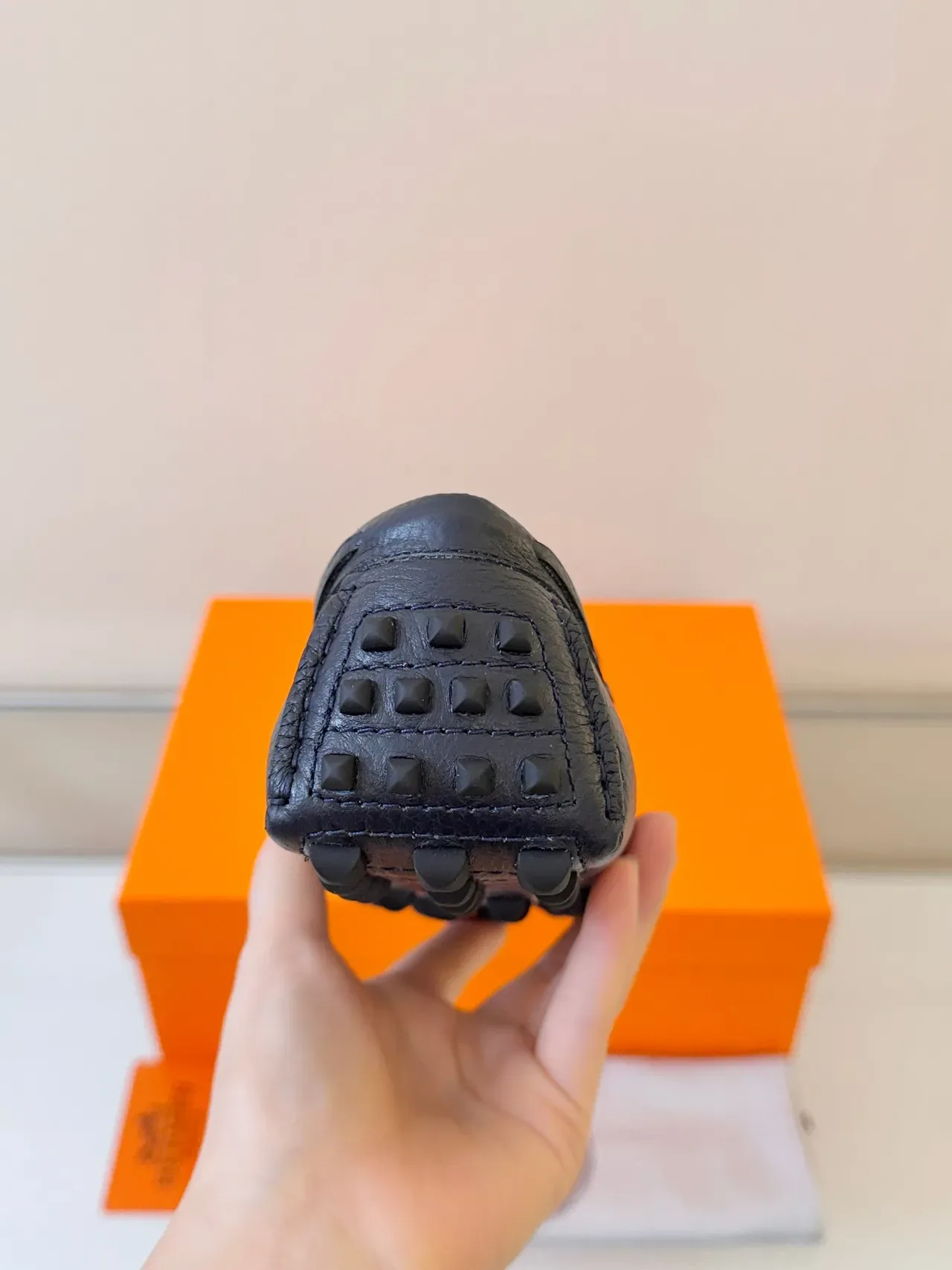 Hermès Oran Black Orange Pebbled Leather Braided Trim Loafer 4