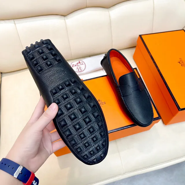 Hermès Oran Noir cuir à grain H-Strap Loafers 3