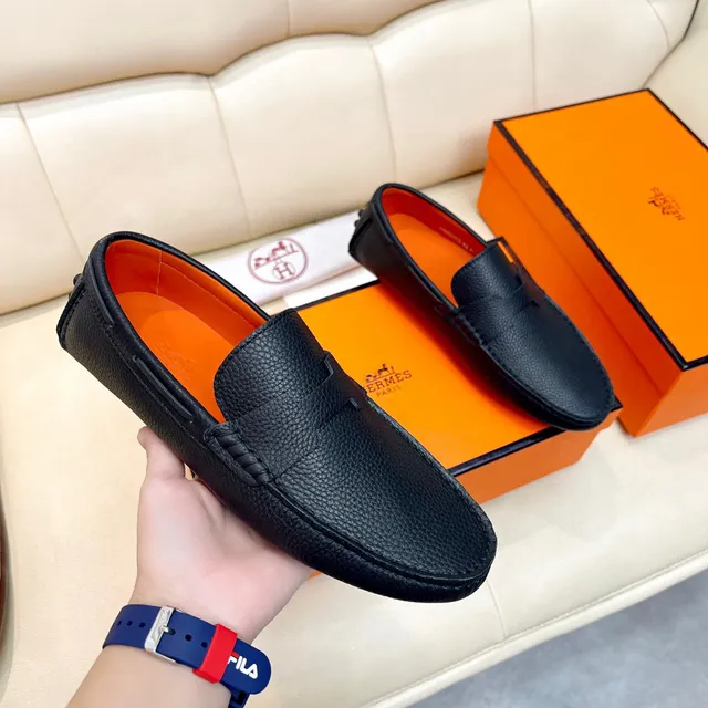 Hermès Oran Noir cuir à grain H-Strap Loafers 7
