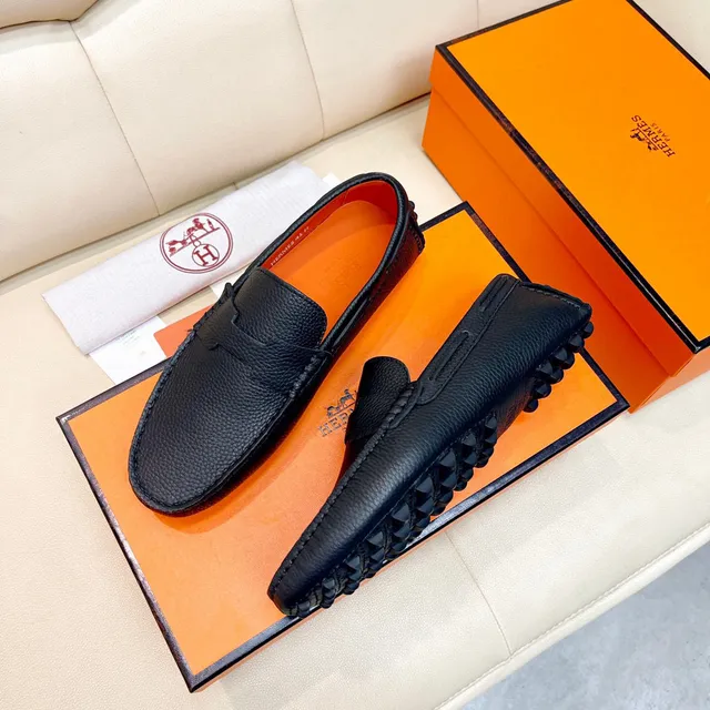Hermès Oran Noir cuir à grain H-Strap Loafers 9