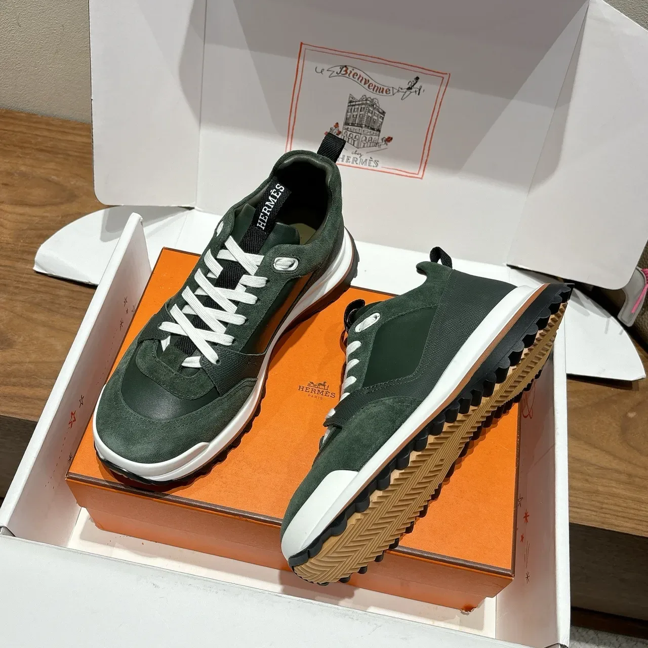Hermès Oran Dark Green Suede and Leather Lifestyle Sneakers 2