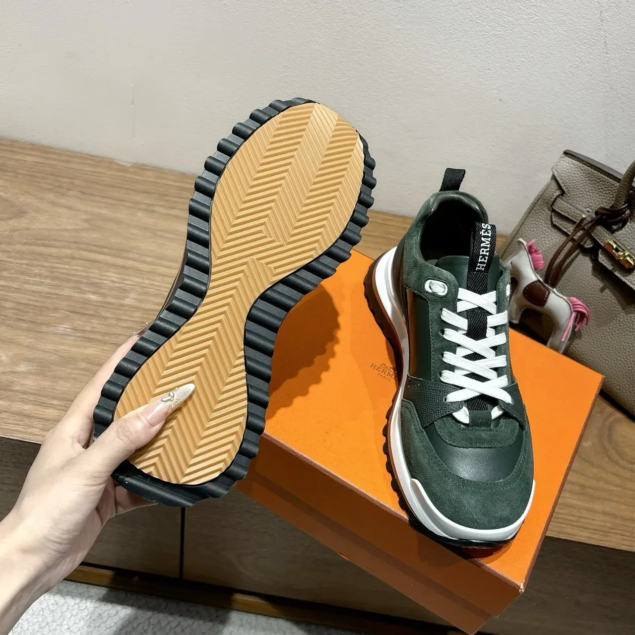 Hermès Oran Dark Green Suede and Leather Lifestyle Sneakers 3