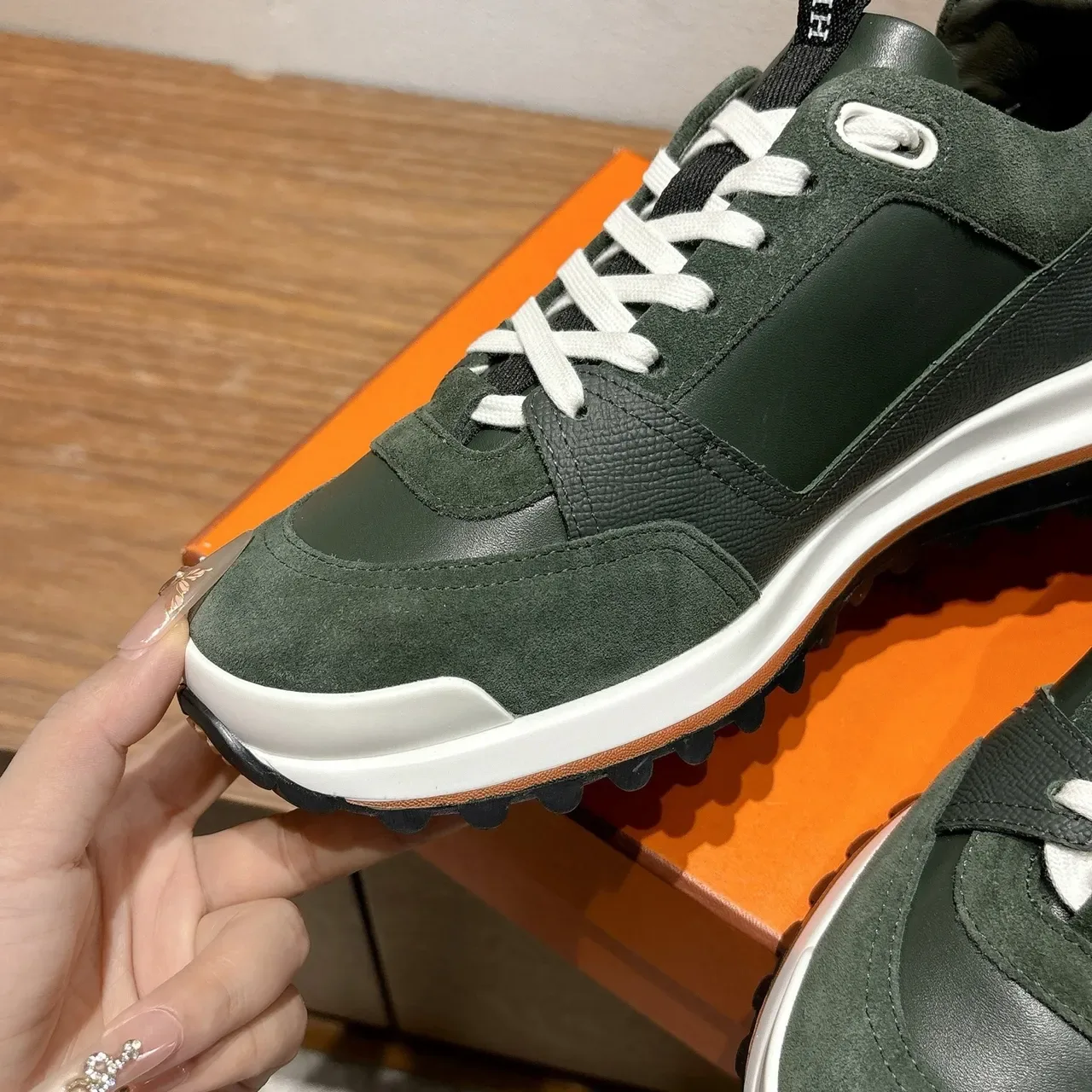 Hermès Oran Dark Green Suede and Leather Lifestyle Sneakers 4