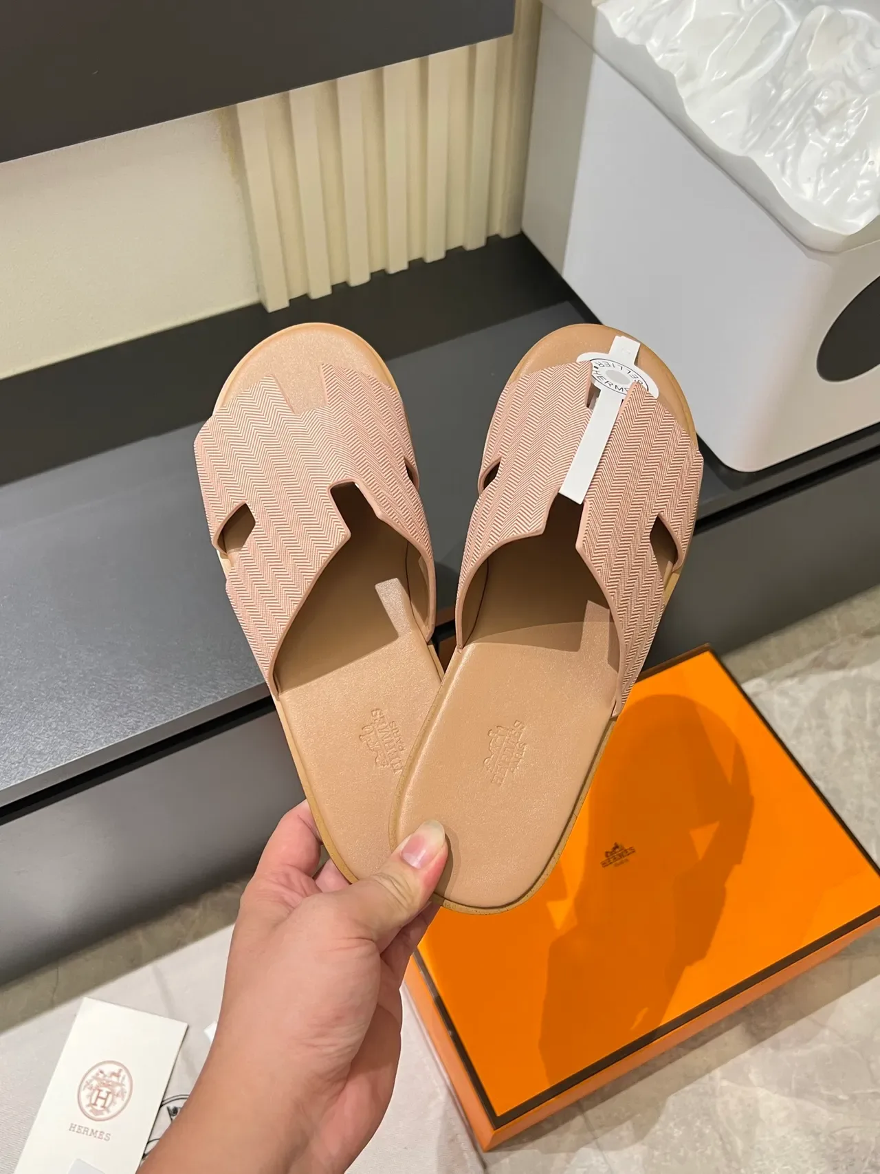 Hermès Oran Gray White H-Shaped Strap Flat Sole Slippers 15