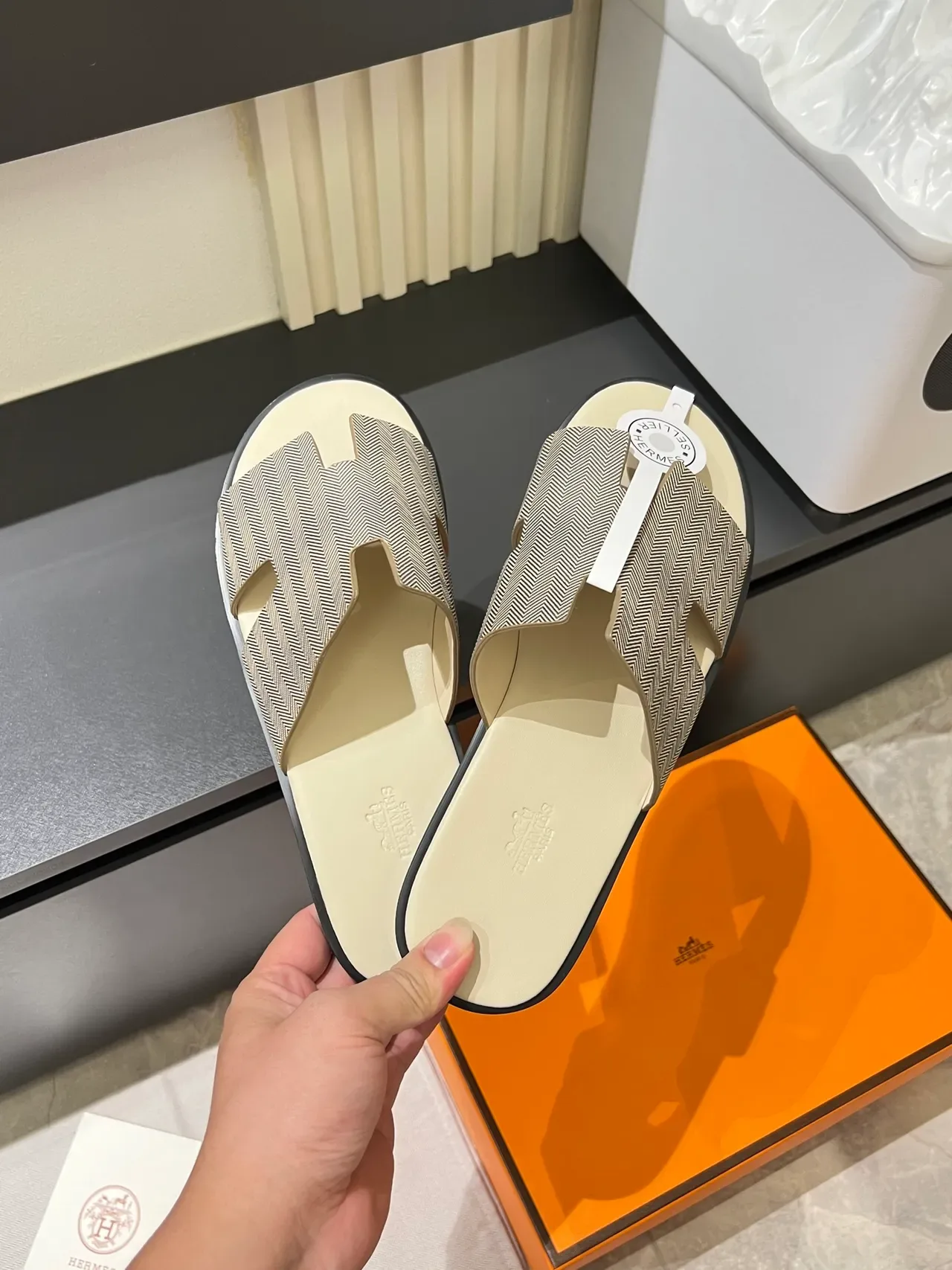 Hermès Oran Gray White H-Shaped Strap Flat Sole Slippers 16