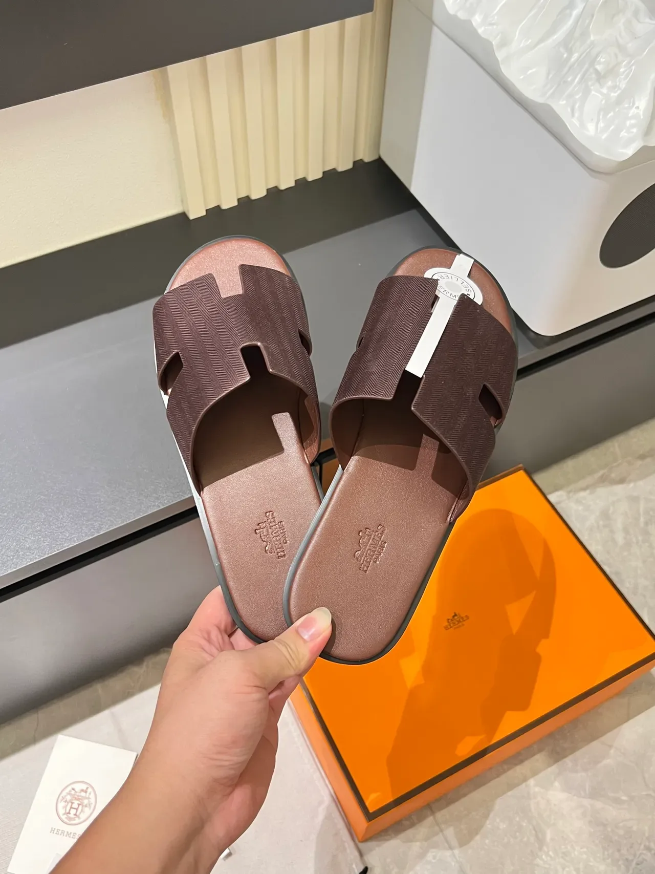 Hermès Oran Gray White H-Shaped Strap Flat Sole Slippers 22