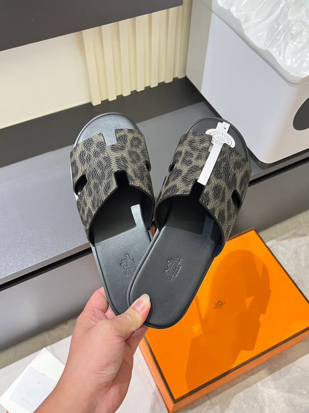 Hermès Oran Leopard-Print H-Strap Slippers 12