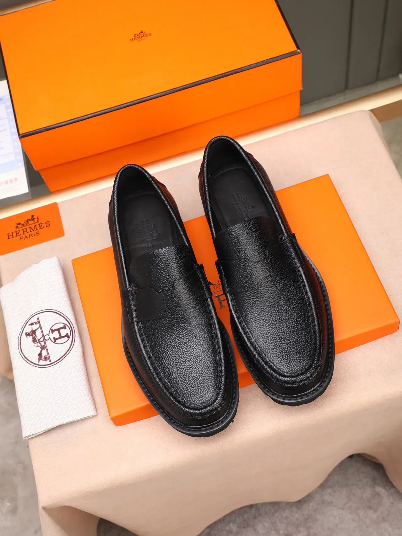 Hermès Oran Loafer Black Pebbled Leather Moc-Toe Loafer 2