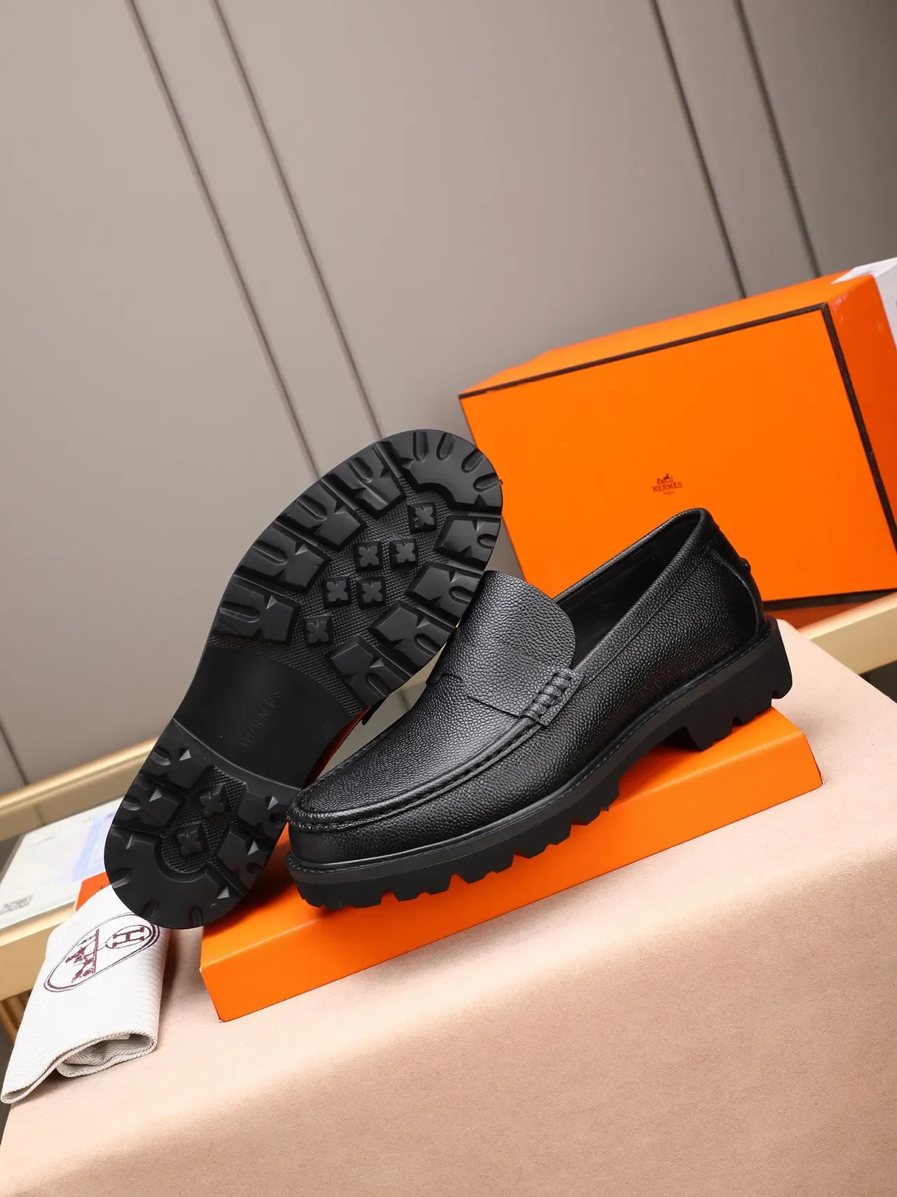 Hermès Oran Loafer Black Pebbled Leather Moc-Toe Loafer 4