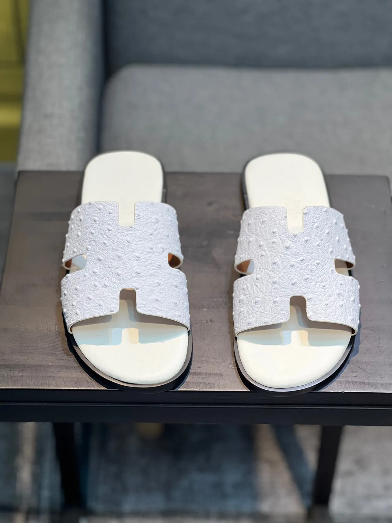 Hermès Oran Slide White Ostrich Leather Slippers 7