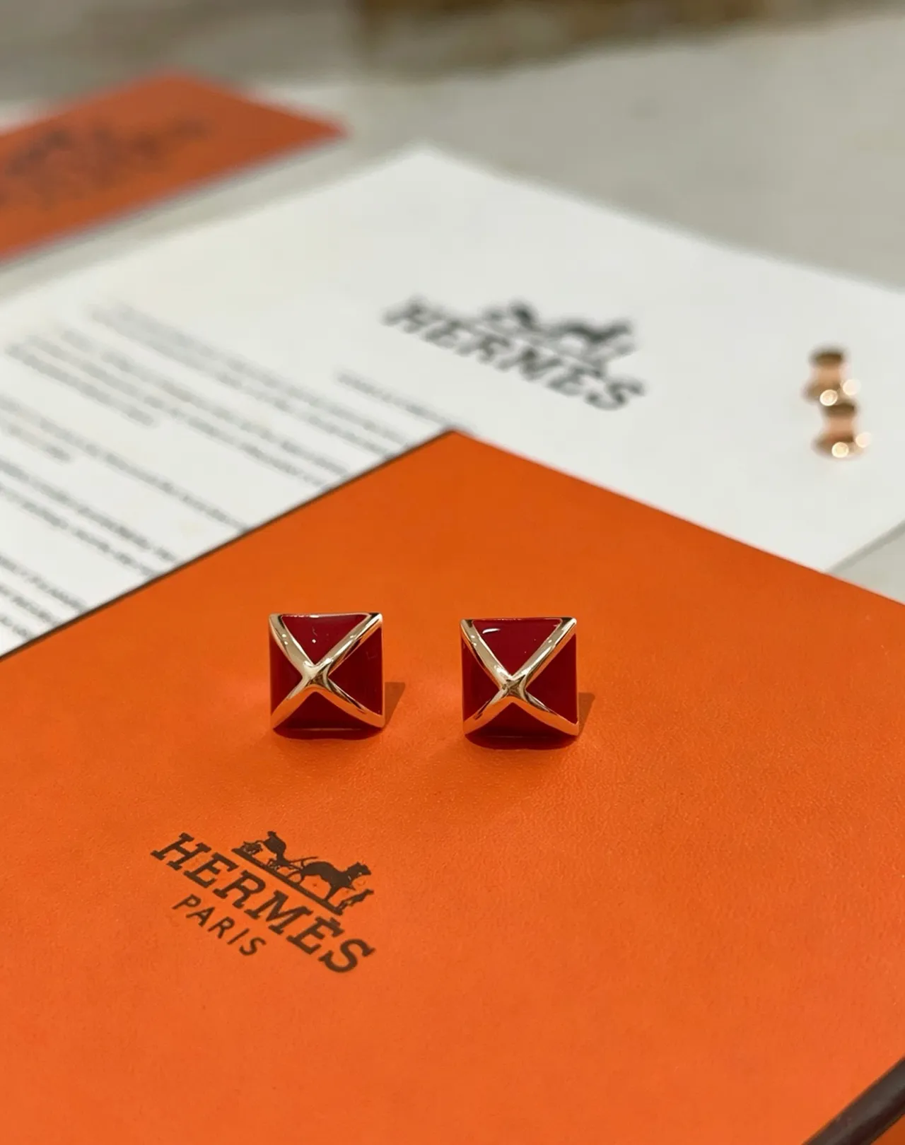 Hermès Red Enamel Pyramid Stud Earrings 5