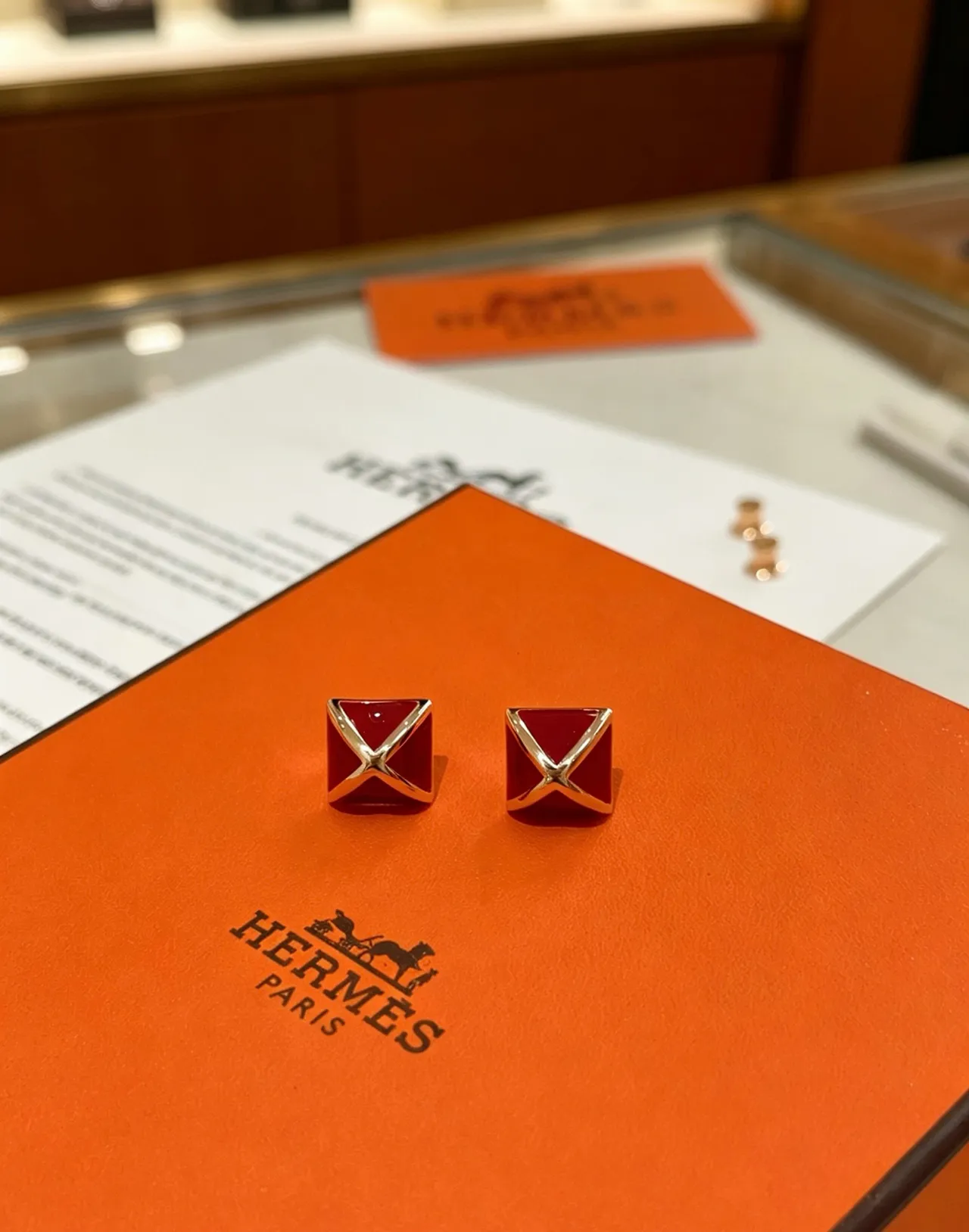 Hermès Red Enamel Pyramid Stud Earrings 9