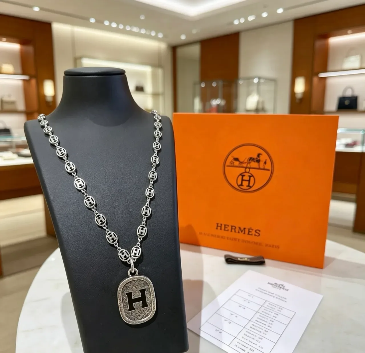 Hermès Silver Black H-Logo Link Chain Ornate Oval Pendant Necklace 7