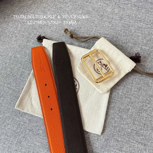 Hermès 双扣可翻转黑色和橙色皮革腰带 2
