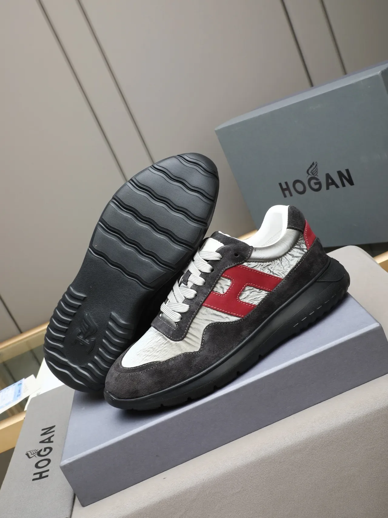 Hogan Black Red Oversized H-Logo Suede And Crinkled Textile Paneling Lifestyle Sneakers 4