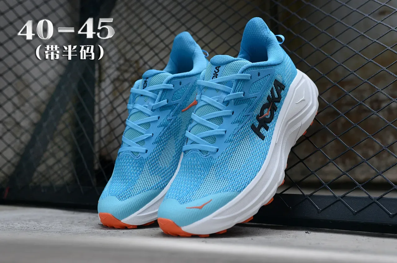 Hoka Clifton Light Blue and Orange Running Shoes 5