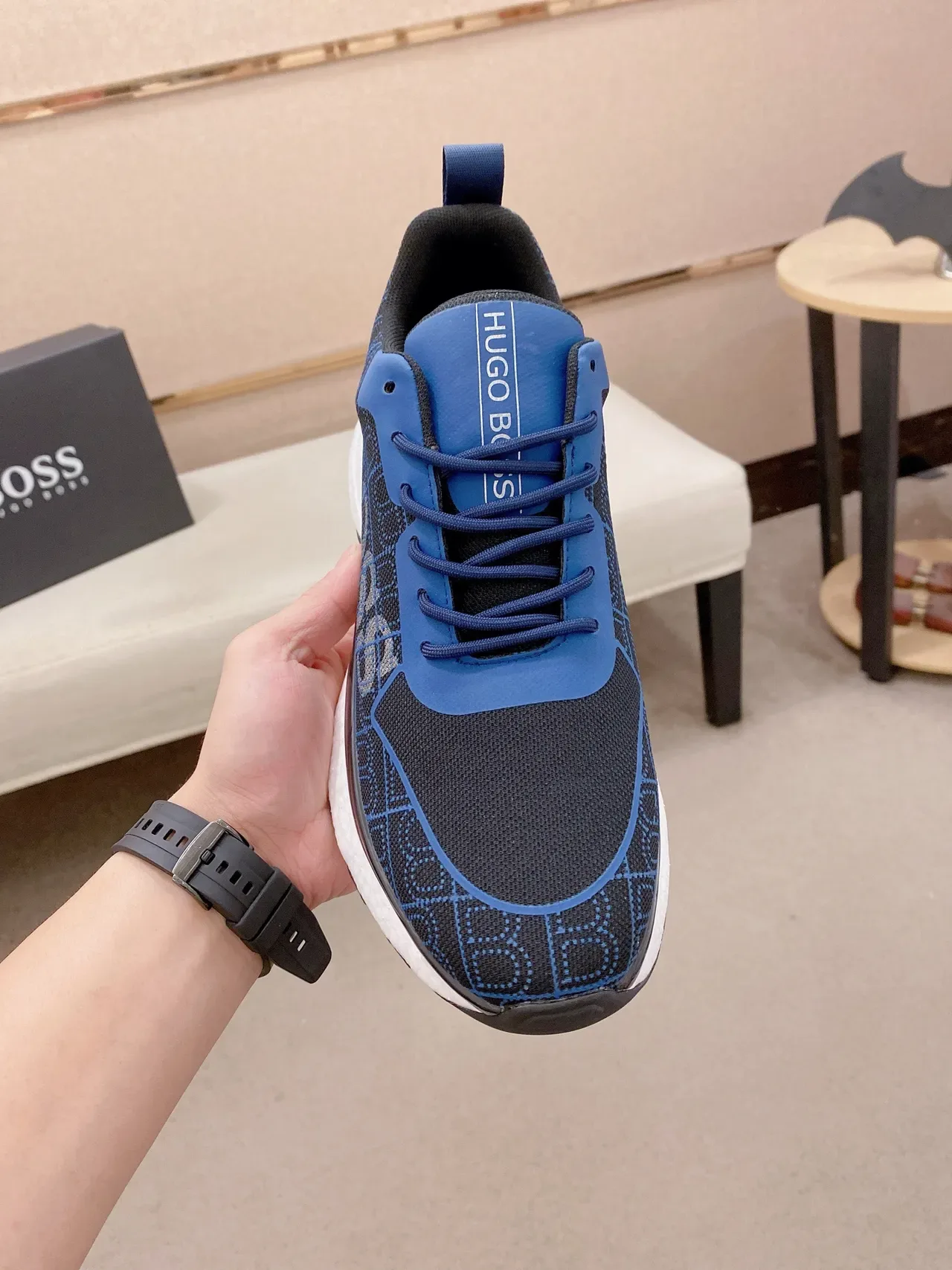 Hugo Boss أسود أزرق نسيج شبكي أعلى تكوين هندسي أحذية رياضية أسلوب حياة 2