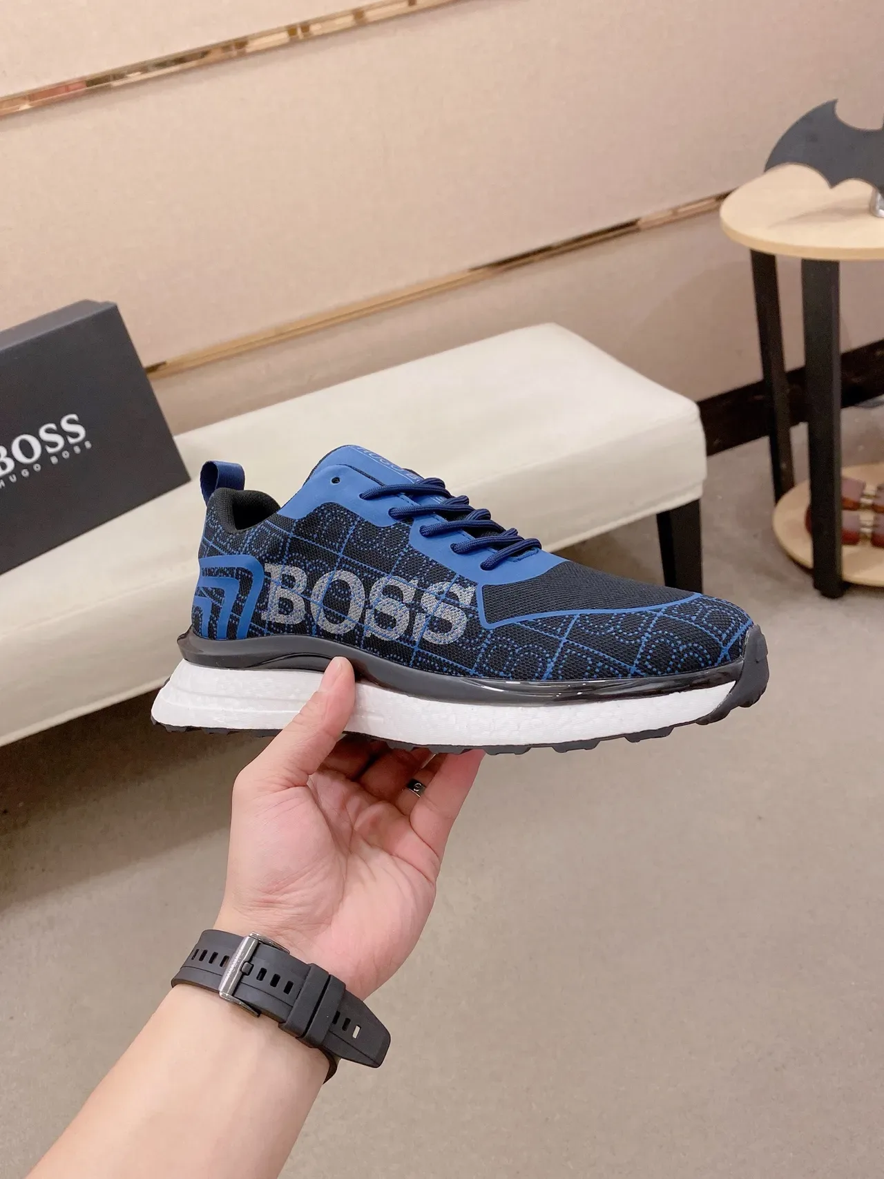 Hugo Boss أسود أزرق نسيج شبكي أعلى تكوين هندسي أحذية رياضية أسلوب حياة 4