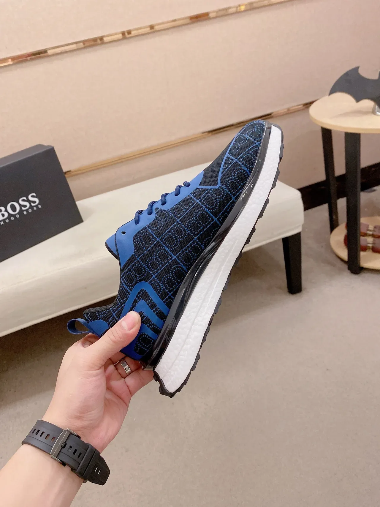 Hugo Boss أسود أزرق نسيج شبكي أعلى تكوين هندسي أحذية رياضية أسلوب حياة 5