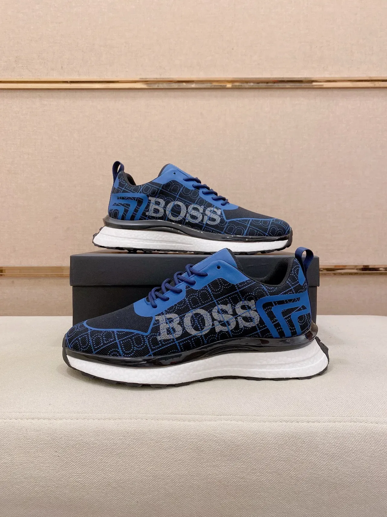 Hugo Boss أسود أزرق نسيج شبكي أعلى تكوين هندسي أحذية رياضية أسلوب حياة 7