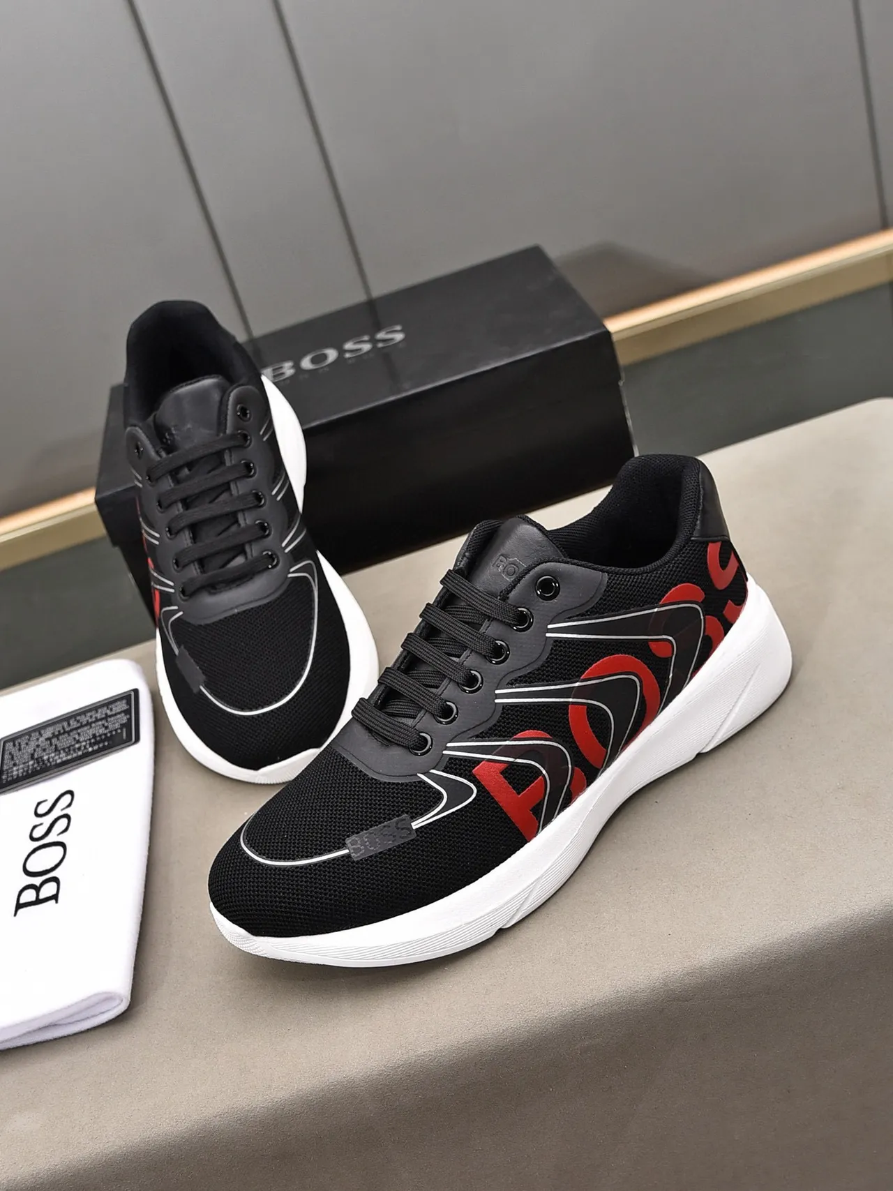 Hugo Boss Black Red Mesh Upper Bold Logo Print Lifestyle Sneakers 3