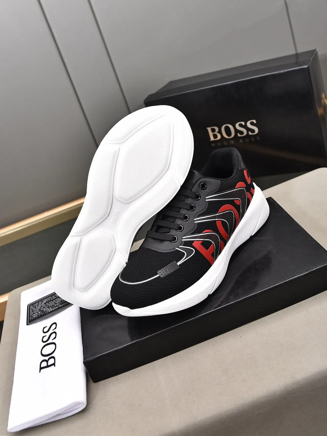 Hugo Boss Black Red Mesh Upper Bold Logo Print Lifestyle Sneakers 4