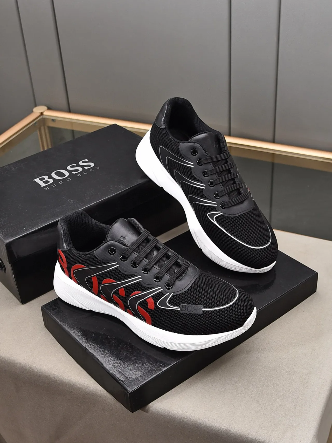 Hugo Boss Black Red Mesh Upper Bold Logo Print Lifestyle Sneakers 6