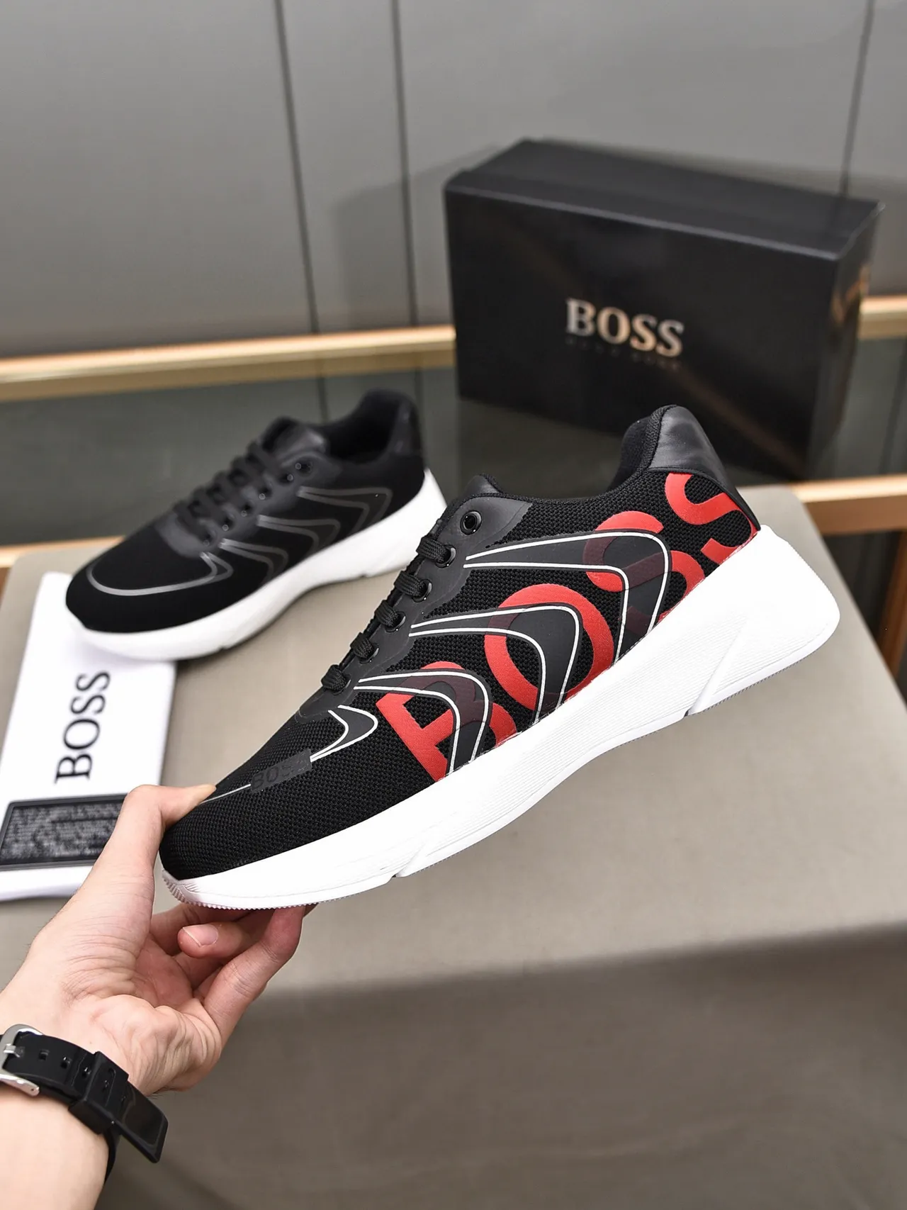 Hugo Boss Black Red Mesh Upper Bold Logo Print Lifestyle Sneakers 7