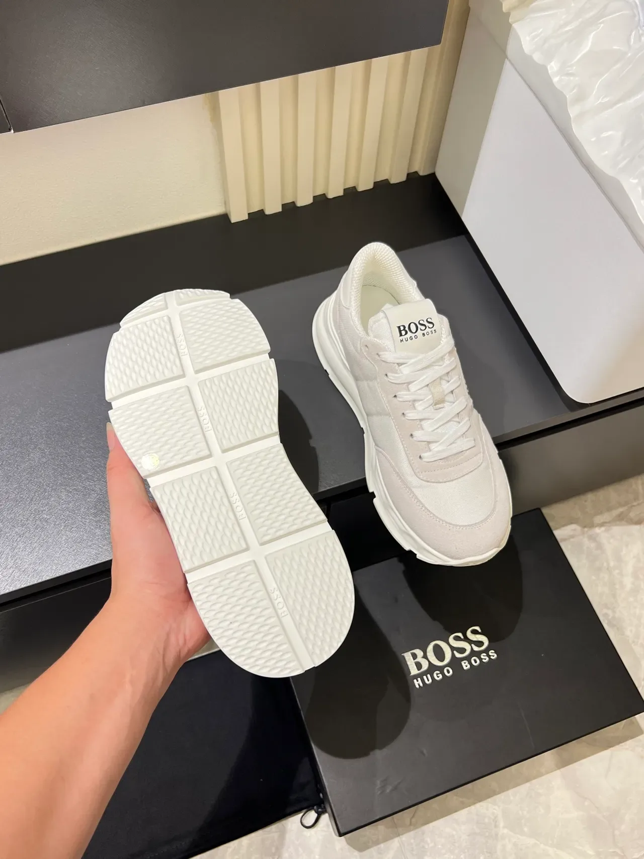 Hugo Boss Brancos Bege Sola Plataforma Upper Híbrido Textil-Suede Chunky Tênis 3